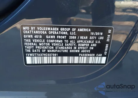 2017 Volkswagen Passat 1.8T R-Line z USA, uszkodzony, nr VIN 1VWDT7A37HC027391